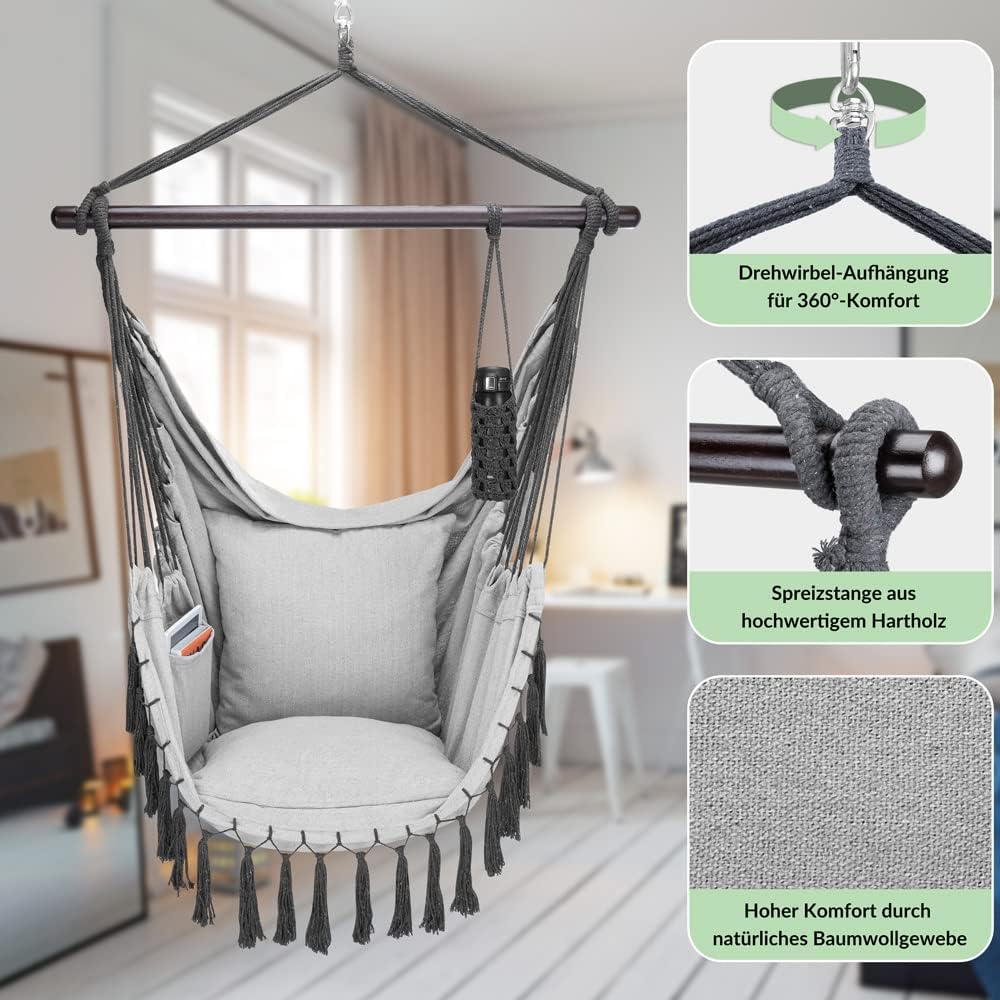 DETEX® Hängesessel bis 150kg Belastbar mit Flaschenhalter Boho Stil Wetterfest Garten 360° Drehbar G