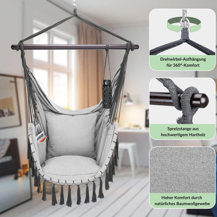 DETEX® Hängesessel bis 150kg Belastbar mit Flaschenhalter Boho Stil Wetterfest Garten 360° Drehbar G