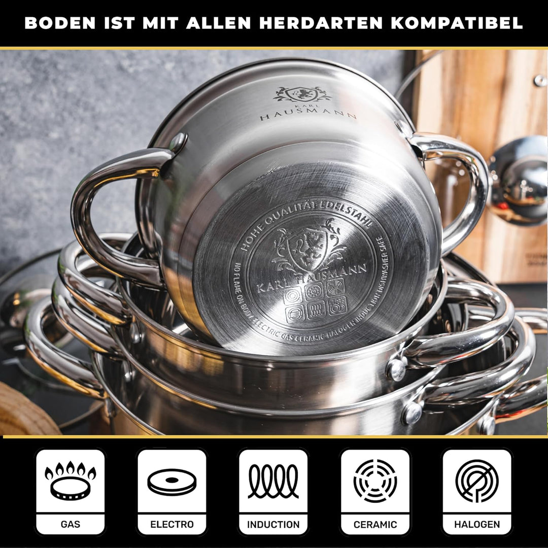 Topfset Induktion Edelstahl 4-Teilig - Kochtöpfe für Alle Herdarten - Kochtopf Set mit Glasdeckel -