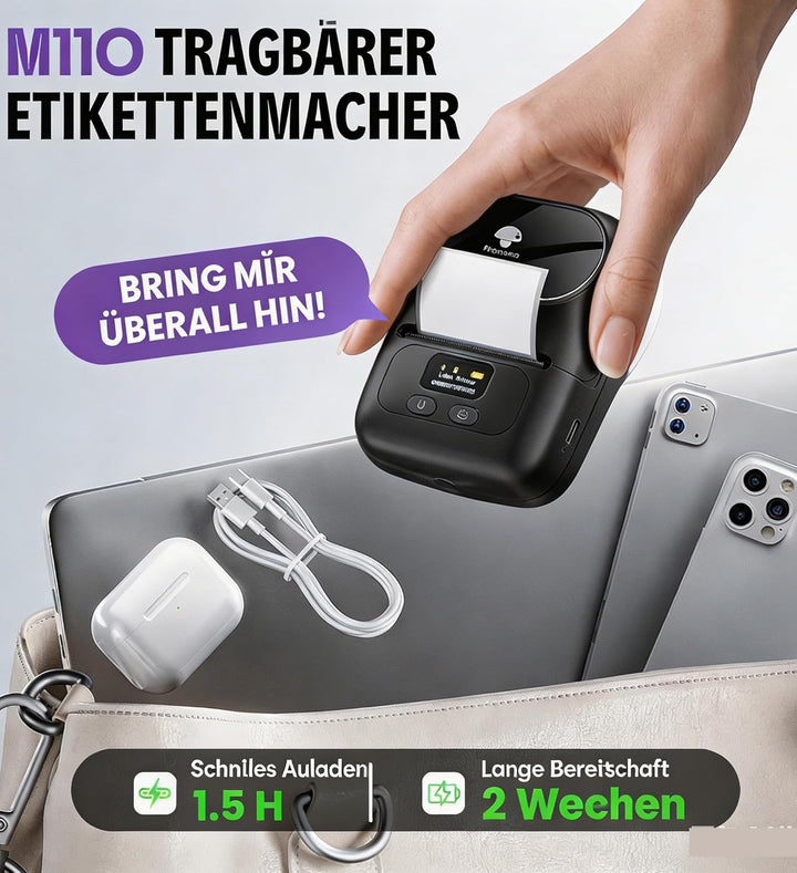 Phomemo M110 Etikettendrucker Bluetooth,Etikettendrucker Selbstklebend Thermo Beschriftungsgerät für
