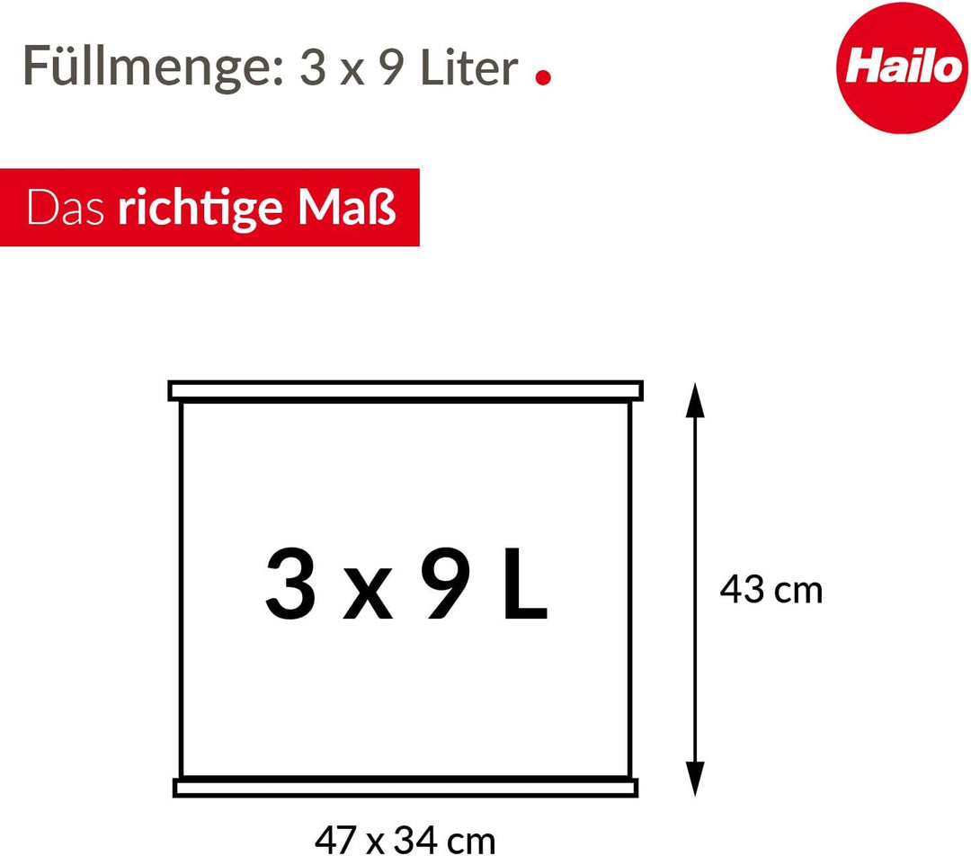 Hailo Öko trio Plus L | Mülltrenner 3 x 9 Liter | 27 Liter | Edelstahl | Soft Close Deckeldämpfung |