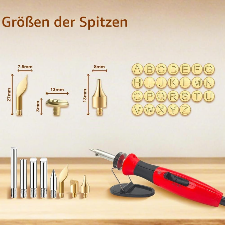 Brandmalerei Holz Lötkolben Set, Brandmalkolben Holzbrennstift Gravur Gerät | 26 Briefe | Temperatur