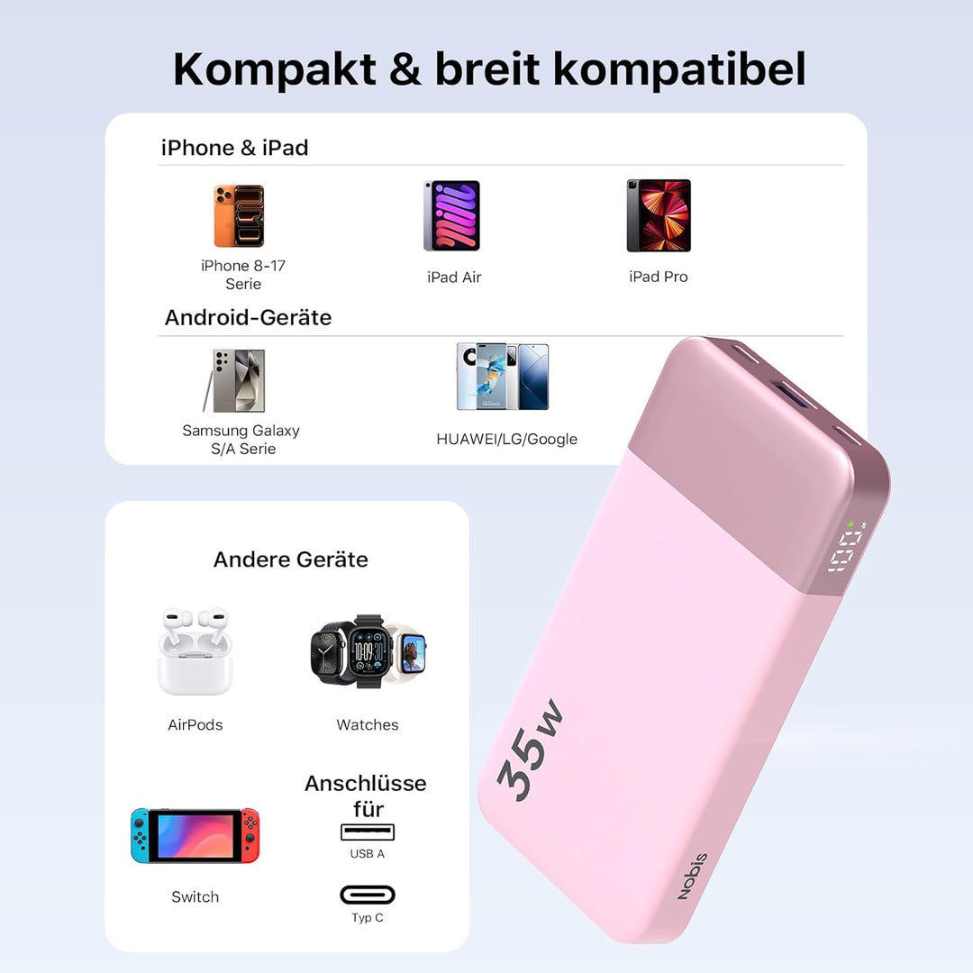 NOBIS Power Bank 35W 10000 mAh Powerbank – Schnellladung mit 2 USB-C EIN- & Ausgängen, 1 USB-A Ansch