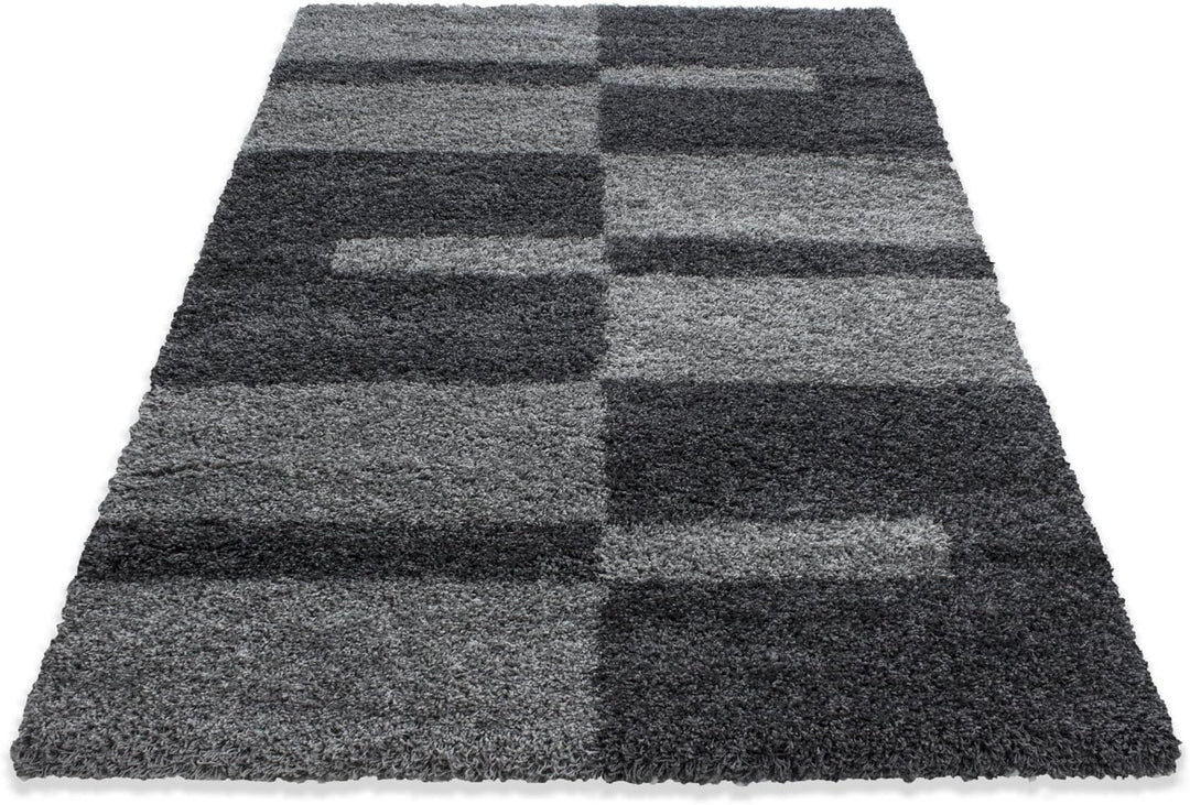 Carpetsale24 Teppich Wohnzimmer Moderne Kariert Design Shaggy Flokati 120 x 170 cm Grau - Hochflor T
