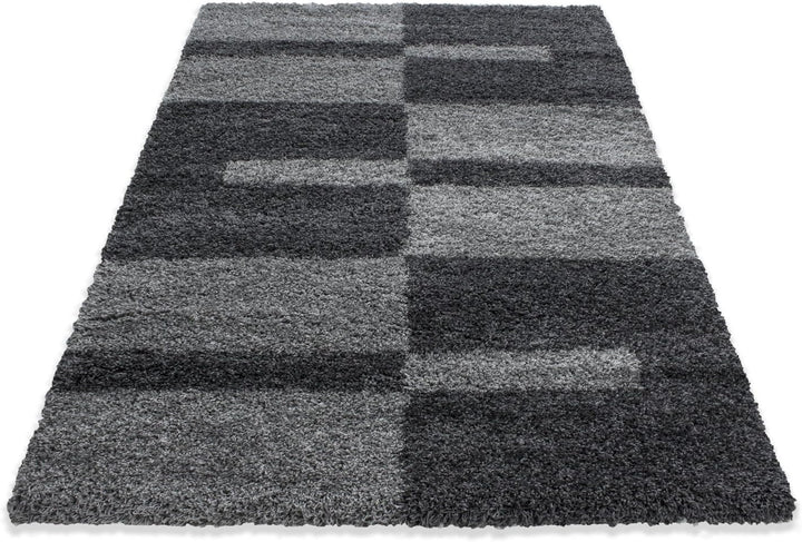 Carpetsale24 Teppich Wohnzimmer Moderne Kariert Design Shaggy Flokati 100 x 200 cm Grau - Hochflor T