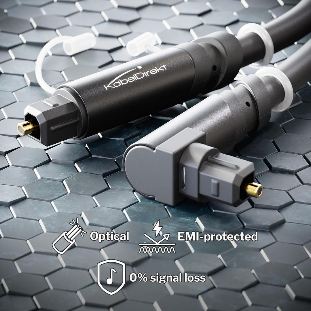 KabelDirekt – TOSLINK-Kabel 90° gewinkelt mit 0% Signalverlust – 10m – Glasfaserkabel für Soundbar (