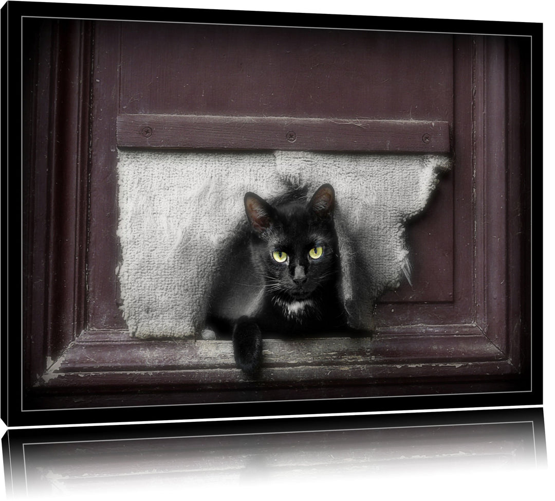 schwarze Katze durch Hundeklappe auf Leinwand, XXL riesige Bilder fertig gerahmt mit Keilrahmen, Kun