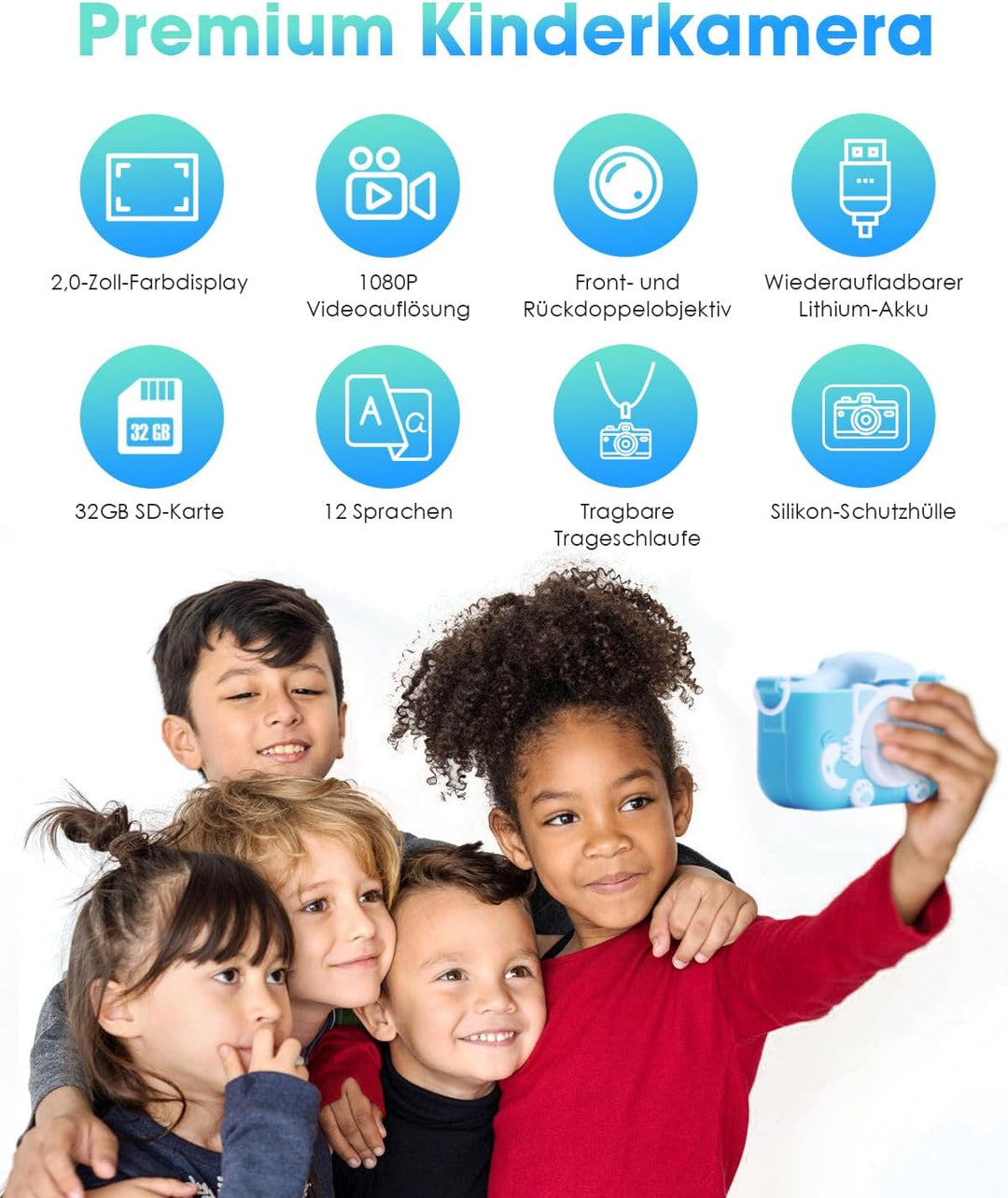 Kinderkamera für Mädchen Jungen, 3-12 Jahre, 2.0”Display Digitalkamera, Doppelobjektiv, 32GB SD-Kart