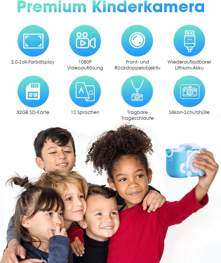 Kinderkamera für Mädchen Jungen, 3-12 Jahre, 2.0”Display Digitalkamera, Doppelobjektiv, 32GB SD-Kart