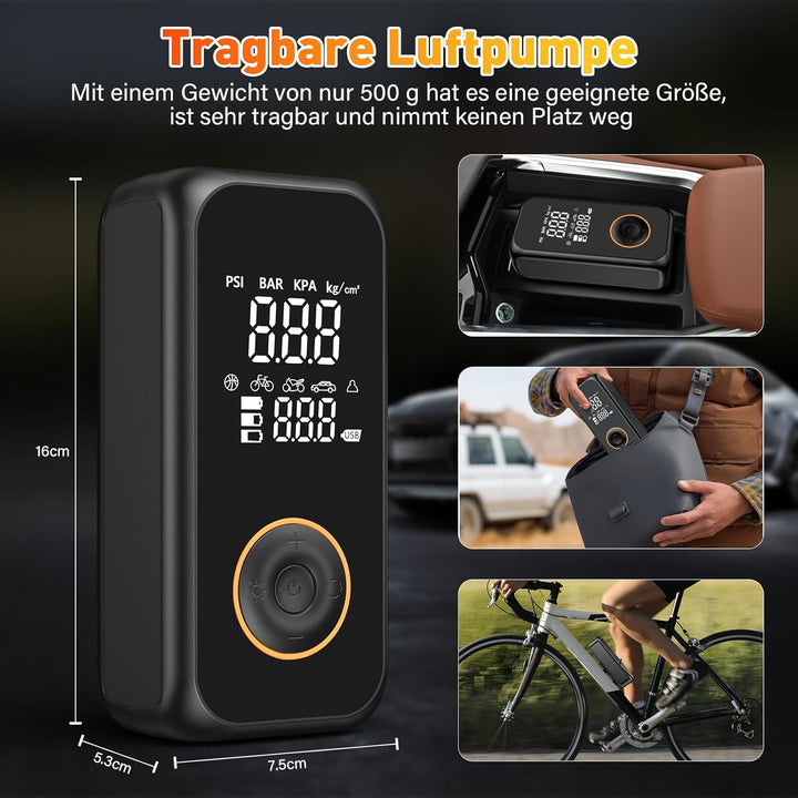 Onherm Elektrische Luftpumpe, 6000mAh Akku Luftpumpe Fahrrad, 150PSI Mini Luftkompressor Fahrradpump