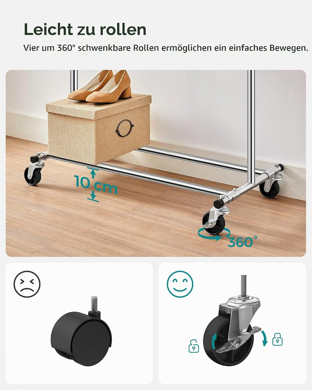 SONGMICS Schwerlast-Kleiderständer, 2er Set, Kleiderstange auf Rollen, bis 90 kg belastbar, mit ausz
