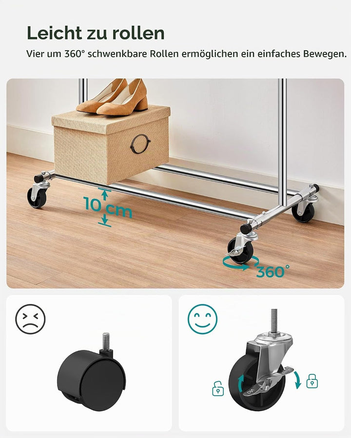 SONGMICS Schwerlast-Kleiderständer, 2er Set, Kleiderstange auf Rollen, bis 90 kg belastbar, mit ausz