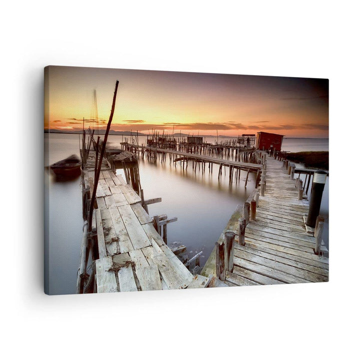 Bilder auf Leinwand Brücke Boot Meer Leinwandbild mit Rahmen 70x50cm Wandbilder Dekoration Wohnzimme