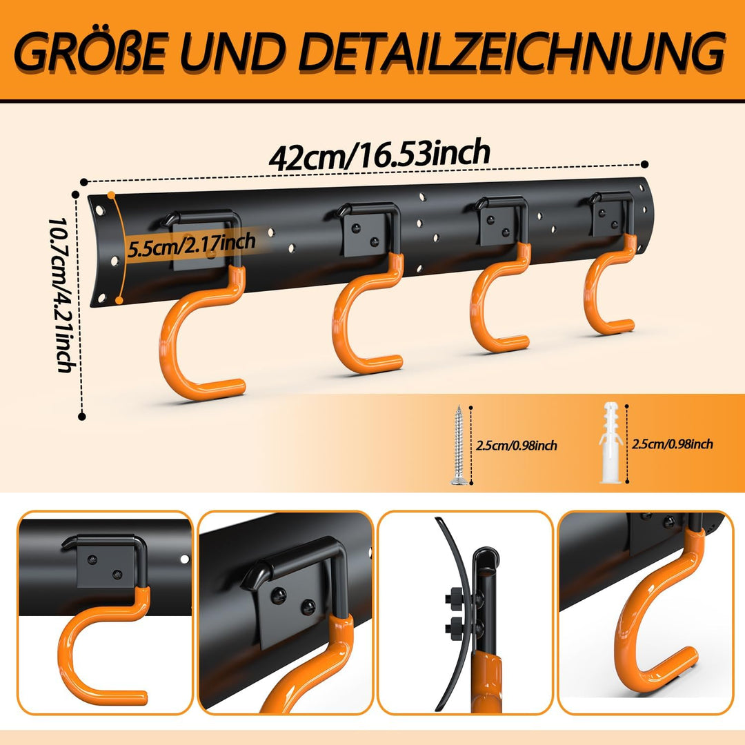 3-H Wandhalterung für Gartengeräte 4 x 42 cm Vollstahl Schwerlast, Gartengerätehalter Garage Gartenh