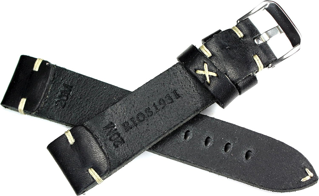 RIOS 1931 22mm Herren Leder Deutsch Uhrenarmband Vintage Pilot schwarz