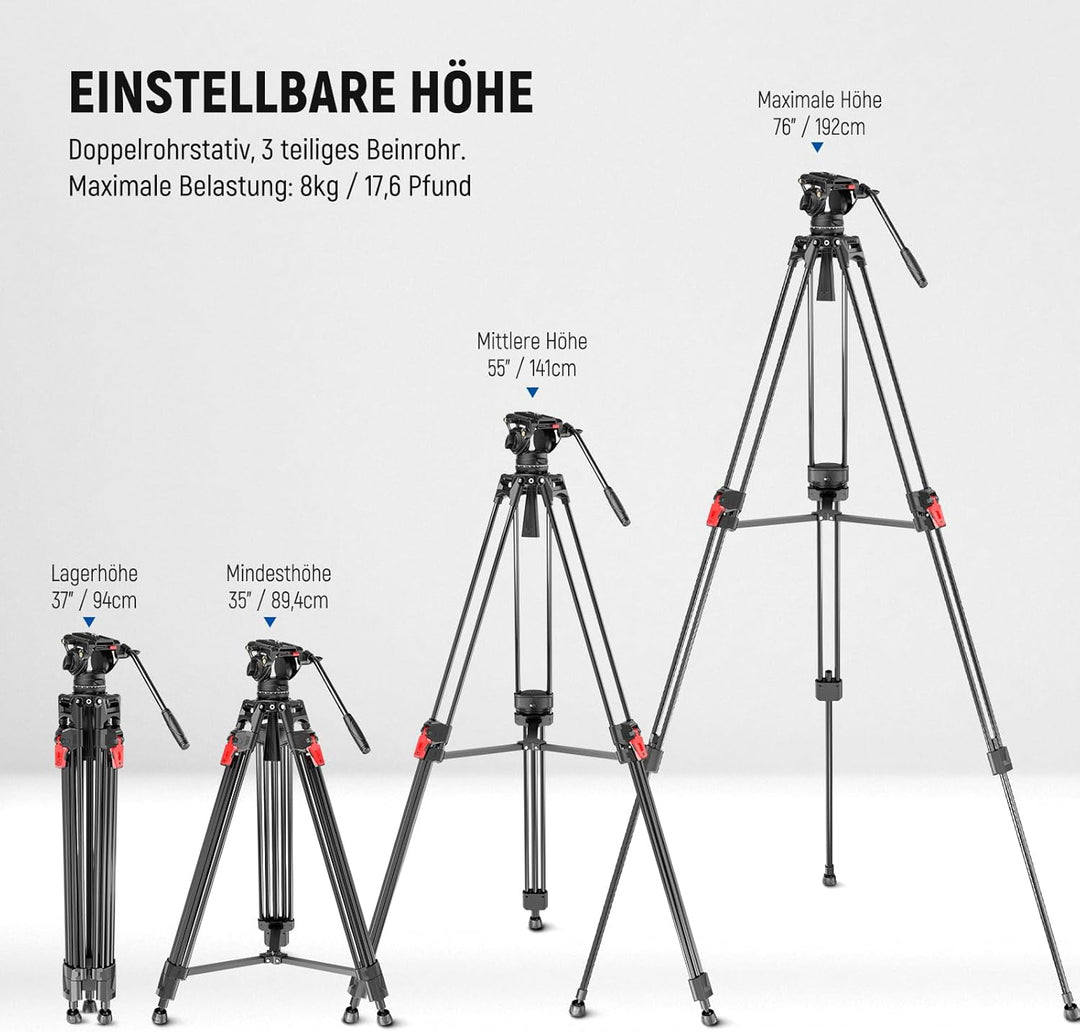 NEEWER 76" Kamera Videostativ mit Fluidkopf, One Step Schnellverschluss, Robustes Aluminium Tragesta