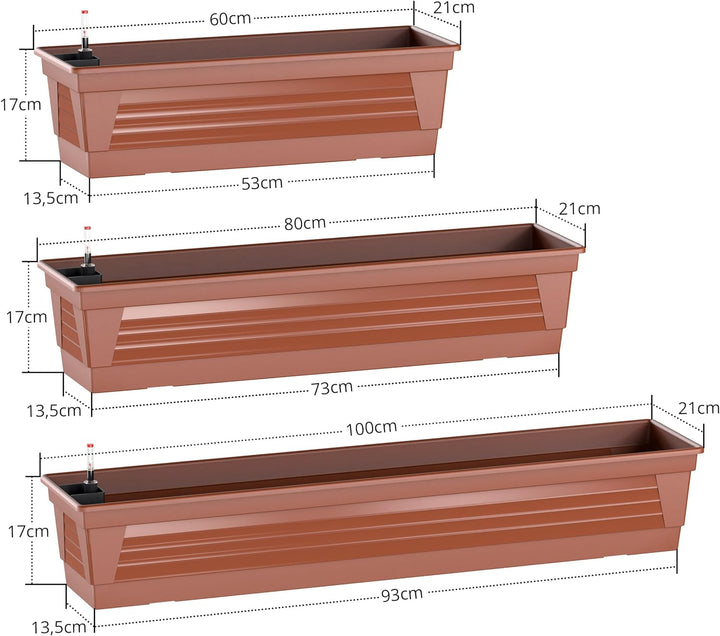 Blumenkasten Milano 80 cm lang Farbe Terrakotta mit Wasserspeicher und Wasserstandsanzeige Pflanzkas