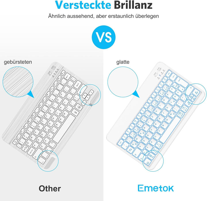 Emetok deutsche Bluetooth Tastatur für alle iPad-Modelle/iPhone/Android, Wiederaufladbar mit 7 Farbi
