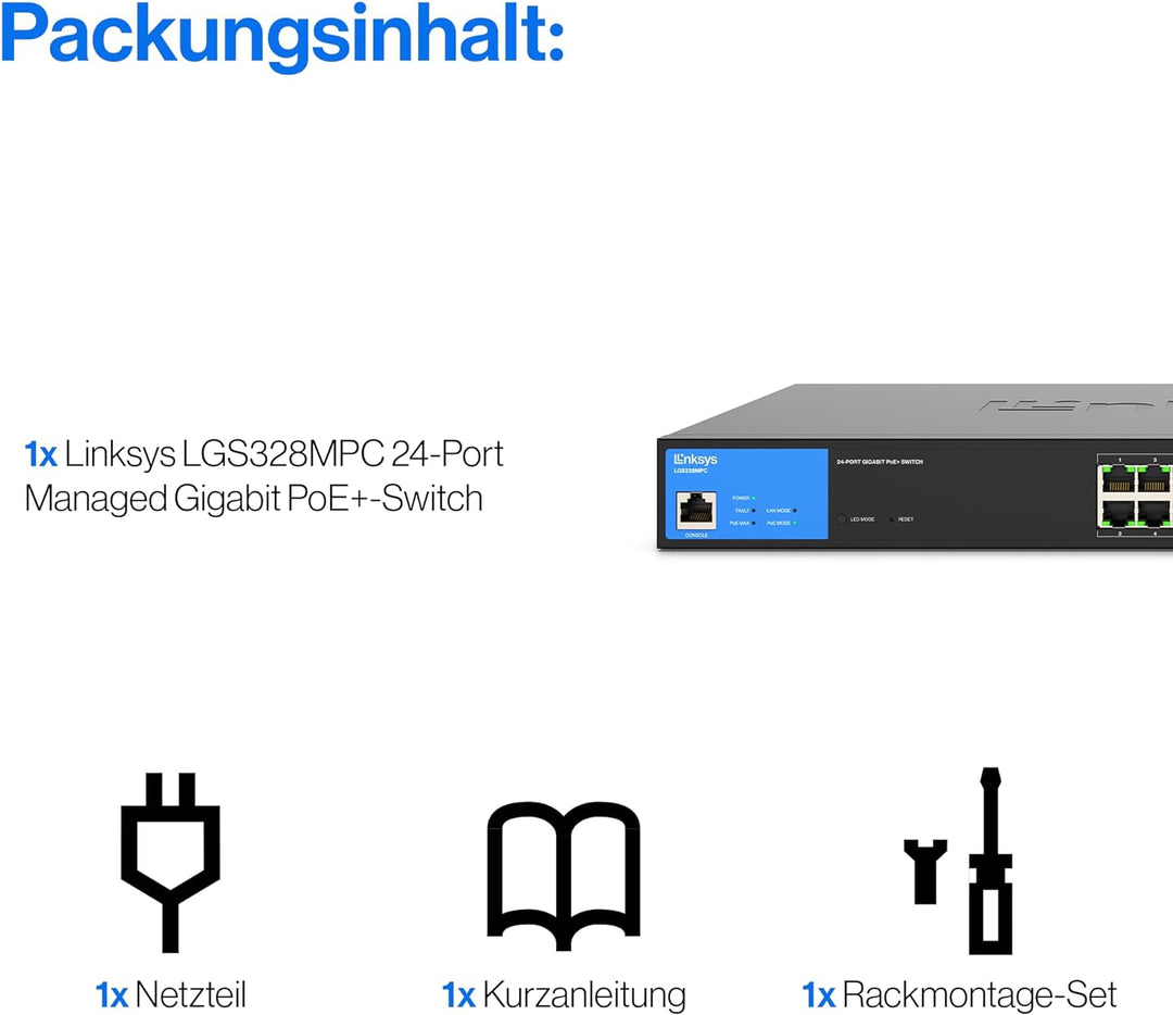 Linksys LGS328MPC-EU 24-Port Gigabit-Netzwerk-PoE+-Switch, 410 W, 4 10G-Uplink-SFP+-Steckplätze – Sm