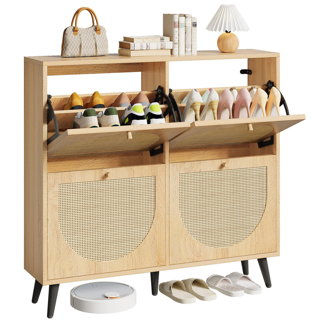 IRONCK Schuhschrank Rattan, schmal Schuhkipper mit 4 Klappen, freistehende Schuhregal, Schuhkommode