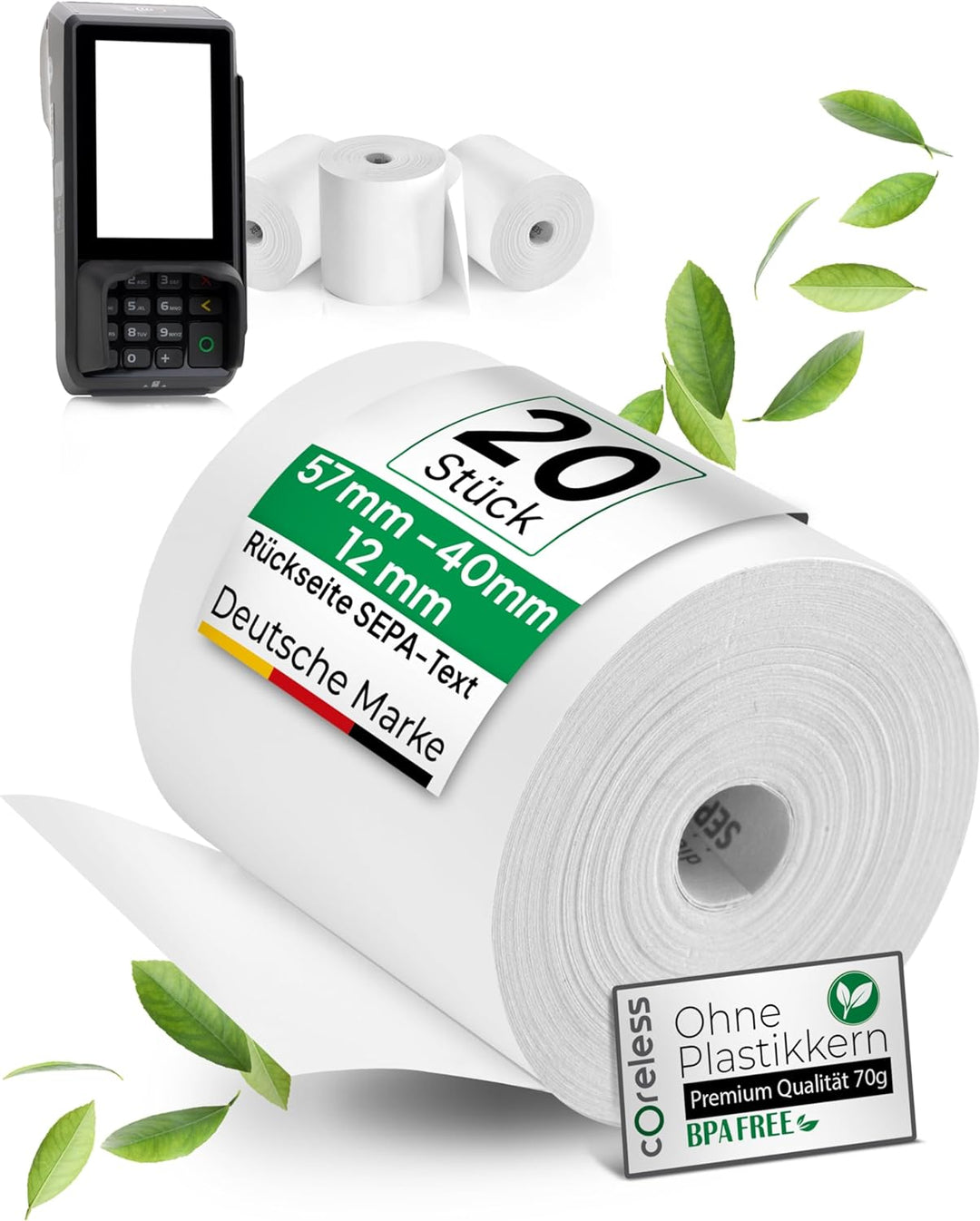 coreless - 20x EC-Thermorollen à 57mm x 40mm x 12mm - EC-Rolle mit Sepa Aufdruck - kernlose Kassenro