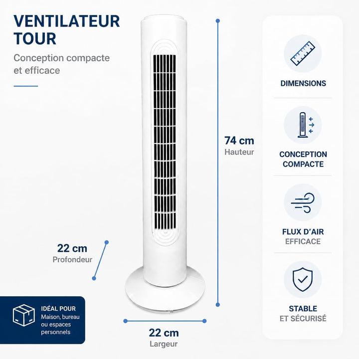 GROWMANIA.ES Säulenventilator, 45 W, weiss | leiser Turmventilator | 3 Geschwindigkeitsstufen | auto