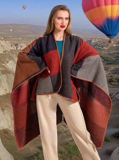Shmily Girl - Damen Poncho Habe Gestrickt Überdimensionalen Decke Kap-Schal Plaid / Rot, Plaid / Rot