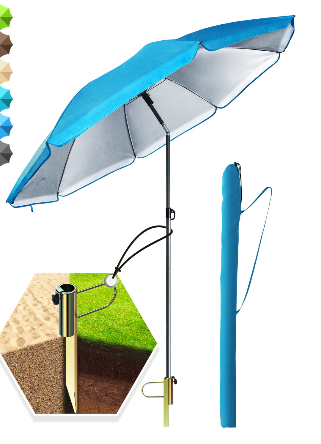 4smile Sonnenschirm Strand Ø 200 cm, 3-in-1 SET mit Rasendorn, Blau | Strandschirm windfest stabil +