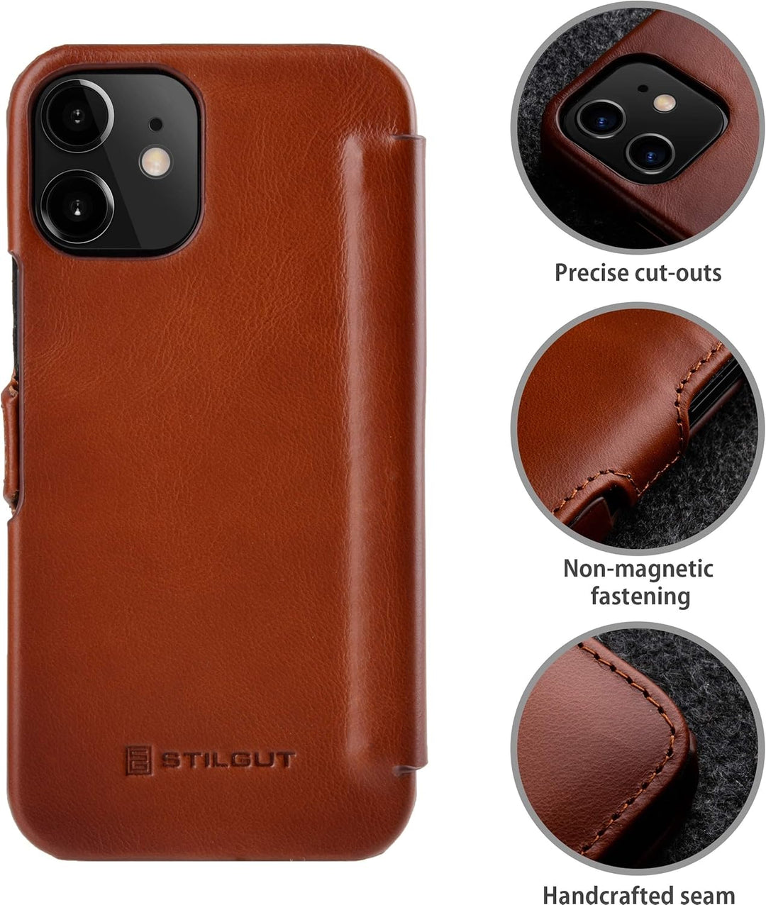 STILGUT Book Case kompatibel mit iPhone 12 Mini (5.4“) Hülle aus Leder mit Clip-Verschluss, Klapphül