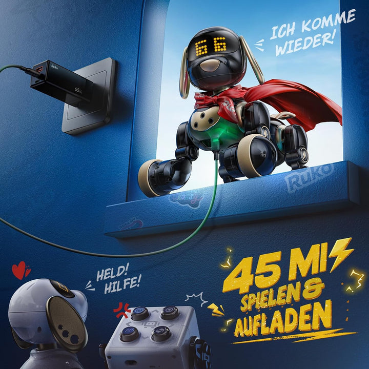 Ruko 18011 Roboter Robo Hund für Kinder, LED Ausdrücke, Schwarz Gold | programmierbar, 2,4 GHz Fernb