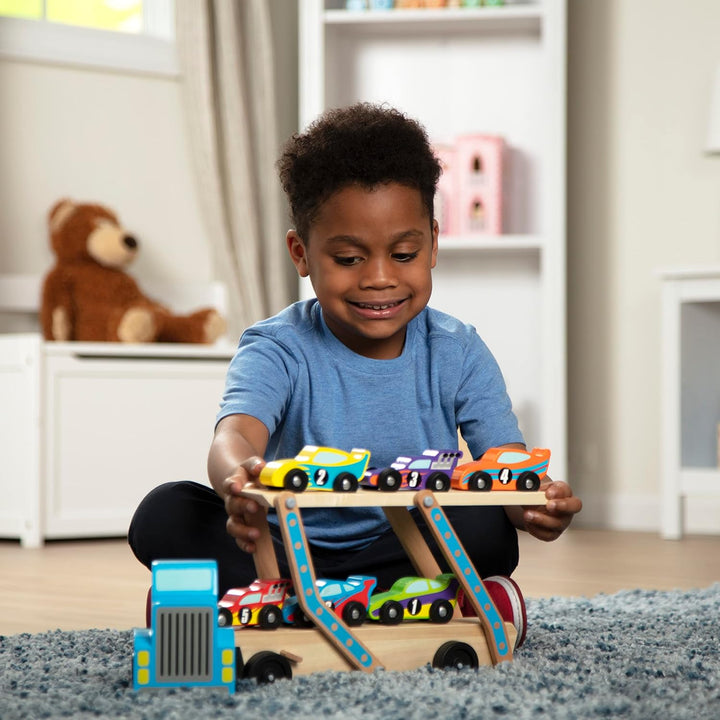 Melissa & Doug Mega Race-Car Carrier | Wooden Vehicles & Trains | Trucks & Vehicles | 7+ | Gift for