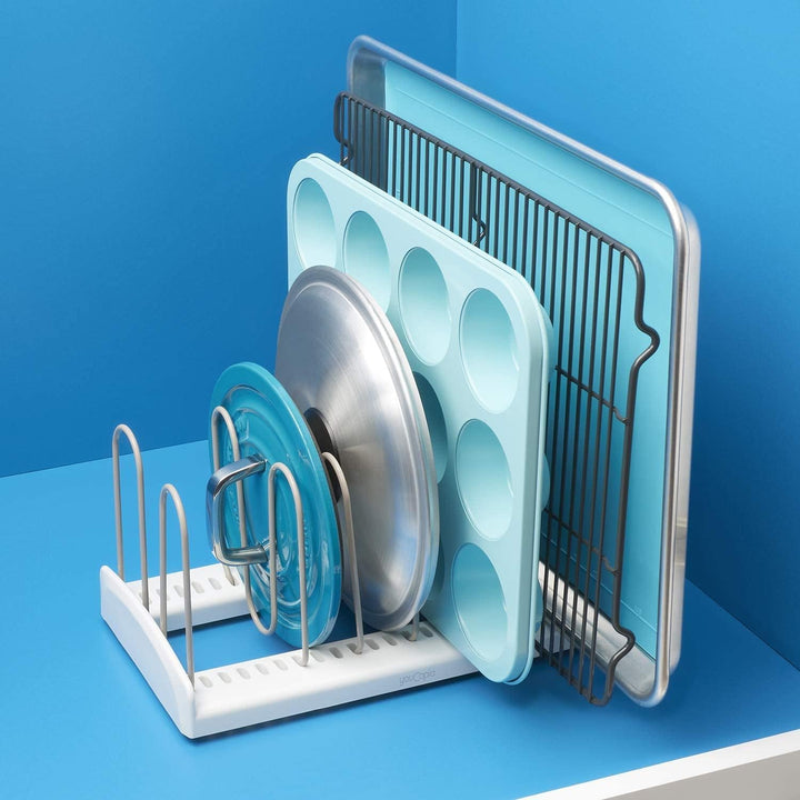 YouCopia Storemore Verstellbarer Pfannen- und Deckelständer, Standard, Weiss, Adjustable Adjustable
