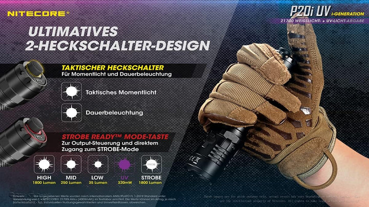 Nitecore Taschenlampe P20i UV - Taktische Akku-Taschenlampe mit 1.800 Lumen & UV-Licht - USB-C aufla