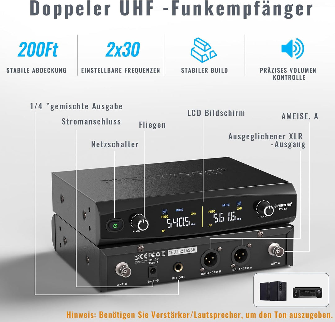 Phenyx Pro UHF Kabelloses Mikrofonsystem mit 2 x 30 abstimmbaren PTU-52-2B | schnurloses Metall-Mikr