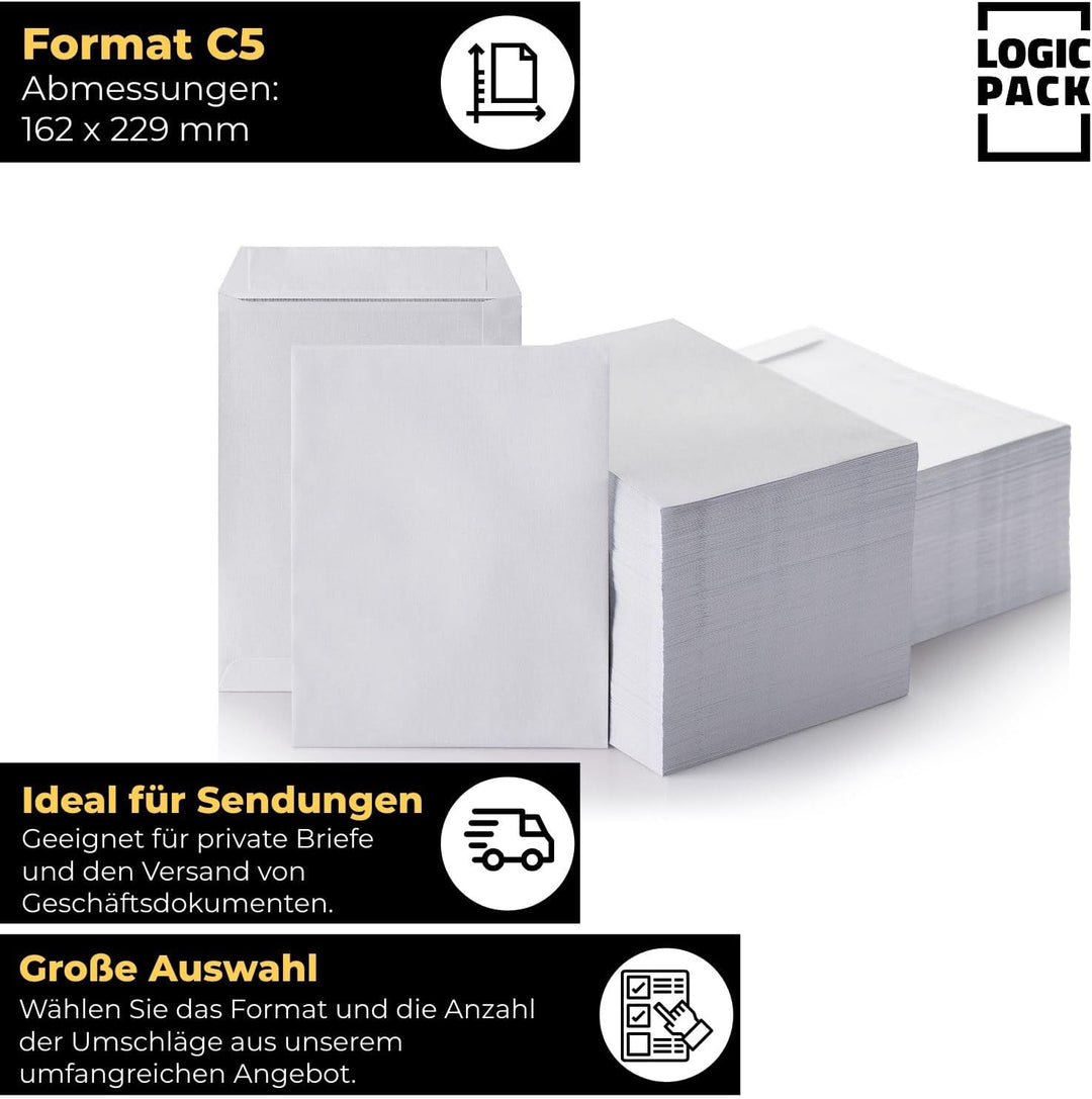 1000 Briefumschläge ohne Fenster DIN C5 Umschläge Weiss haftklebend 162 x 229 mm 80g/m² Versandtasch