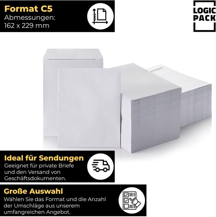 1000 Briefumschläge ohne Fenster DIN C5 Umschläge Weiss haftklebend 162 x 229 mm 80g/m² Versandtasch