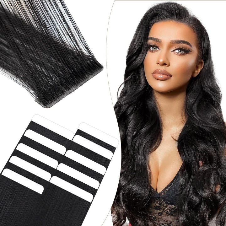 Elailite Tape Extensions Echthaar #1 Schwarz, 10 Stück Unsichtbar Kleber Haarverlängerungen 20g, 25c