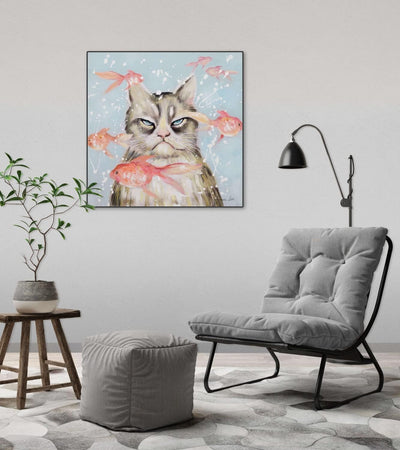 KunstLoft Leinwandbild | 100% HANDGEMALT | 60x60cm | Gemälde 'Very Crabby Cat' | Katze | Blau | Wand