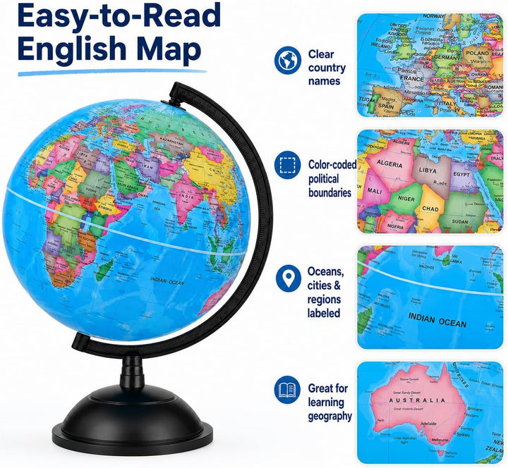 Topglobe 20cm Schülerglobus - Englische Karte - Globus Bildung Drehbarer - Pädagogische/Geografische