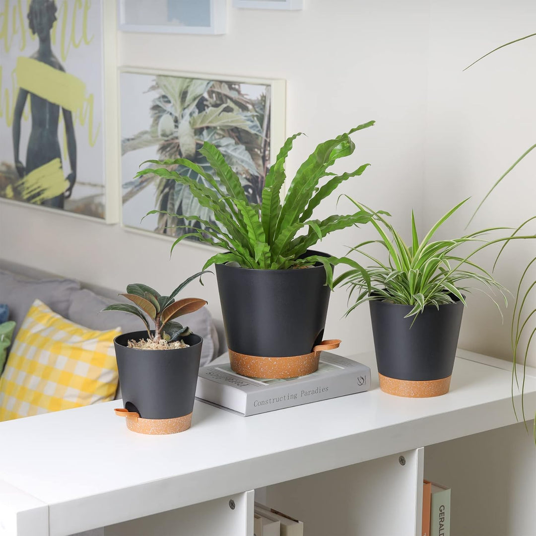 T4U 16.5cm Kunststoff Blumentopf mit Bewässerungssystem, 3er-Set Selbstbewässerung Übertopf mit Unte