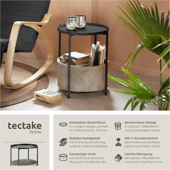 tectake® Tisch rund, Beistelltisch Metall, Kleiner Tisch, Couchtisch mit Stauraum, Coffee Table für