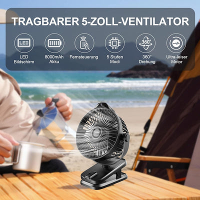 8000mAh Mini USB Clip Ventilator Akku, Klein Tischventilator leise mit Fernbedienung, LED-Anzeige, 5