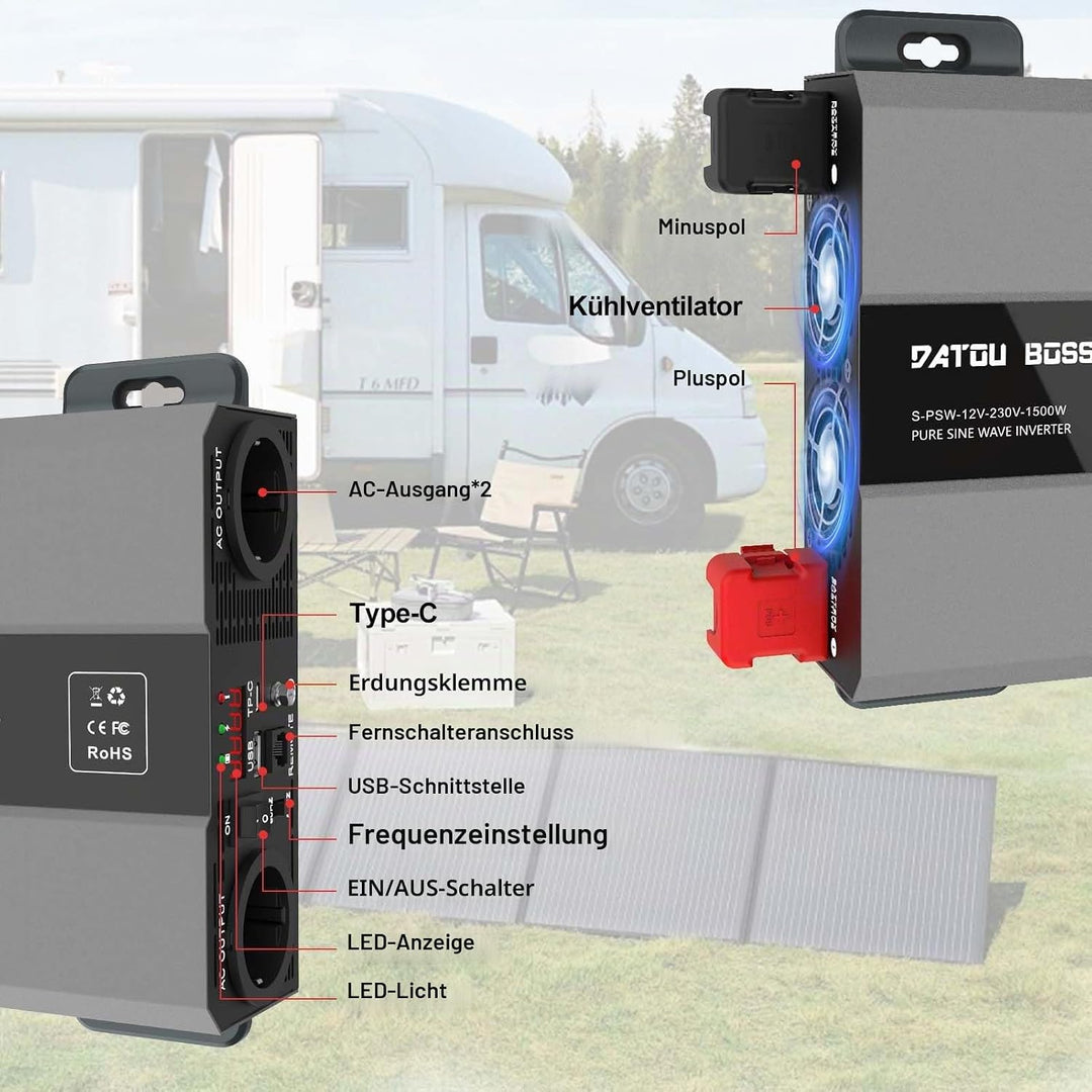 DATOUBOSS Wechselrichter 12v auf 230v Reiner Sinus 1500w/3000w, Spannungswandler 12v 230v 1500w Rein
