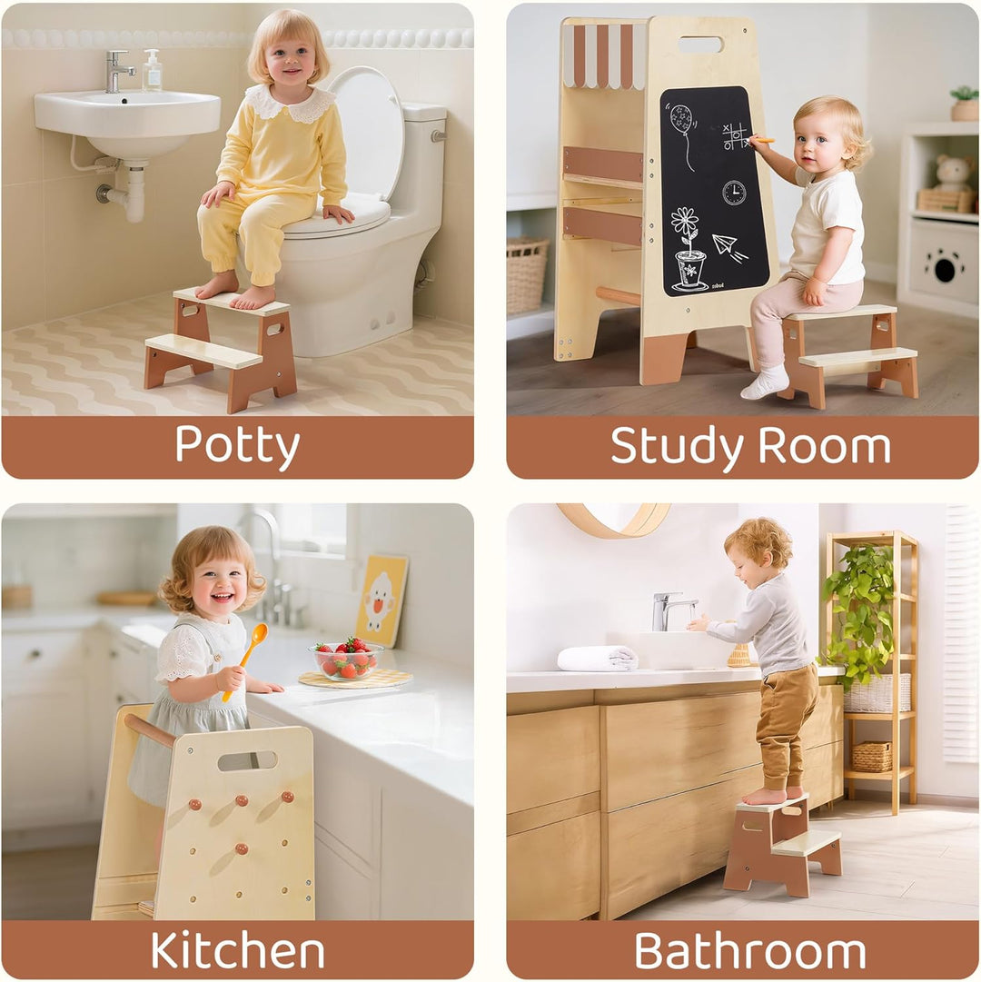 ROBUD Lernturm für Kleinkinder mit abnehmbarem Tritthocker, 2-in-1 Lernturm aus Holz mit Tafel, 3-fa
