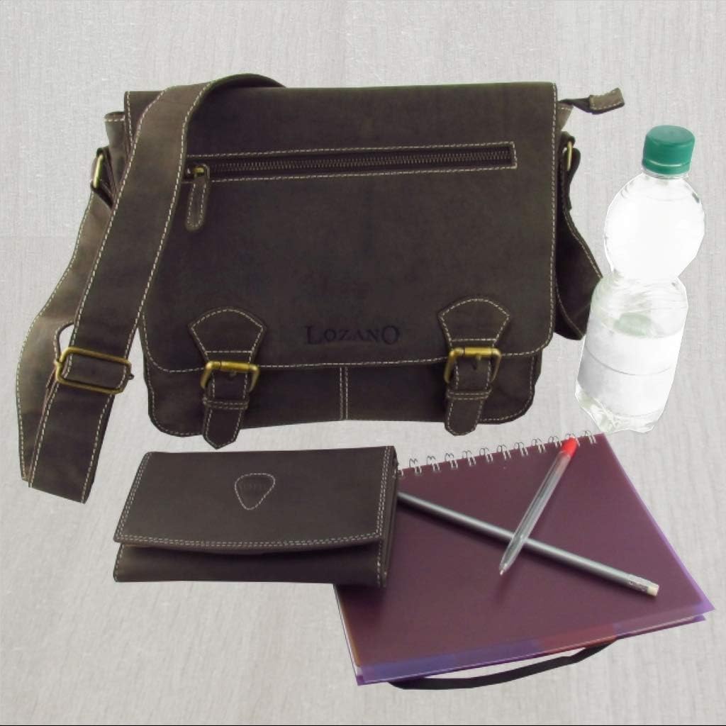 Lozano Lehrertasche Schultertasche Aktentasche Büffelleder Antik Optik geöltes Leder braun