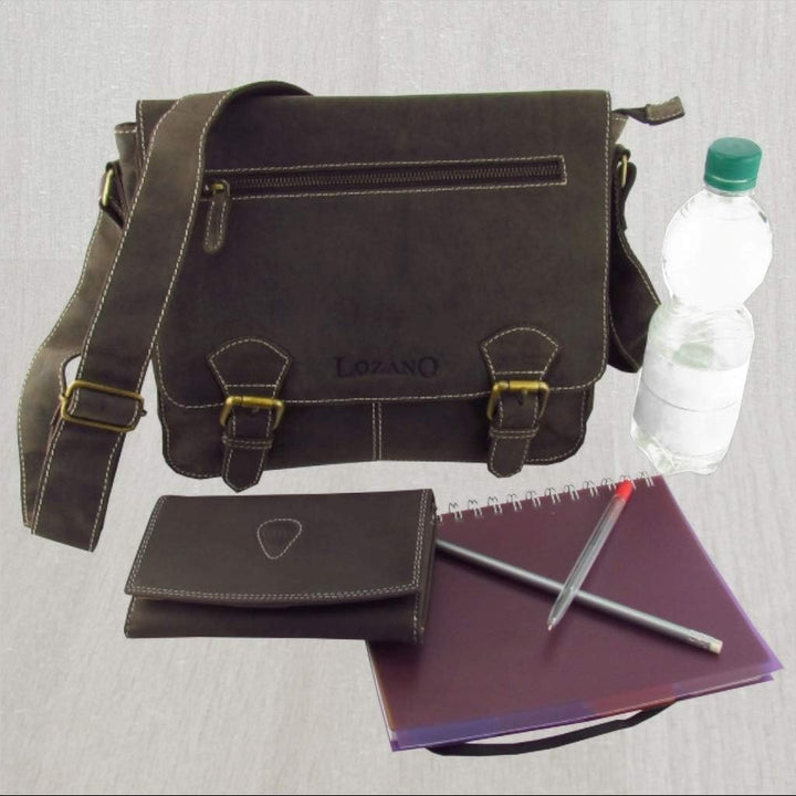 Lozano Lehrertasche Schultertasche Aktentasche Büffelleder Antik Optik geöltes Leder braun