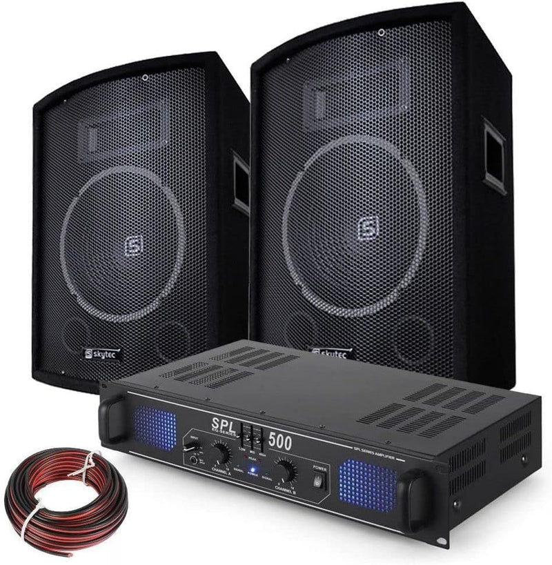 SkyTec - DJ Lautsprecher Set, Mobile PA Anlage Komplettset, 500 Watt, DJ Set Komplett, 2X Vonyx SL10