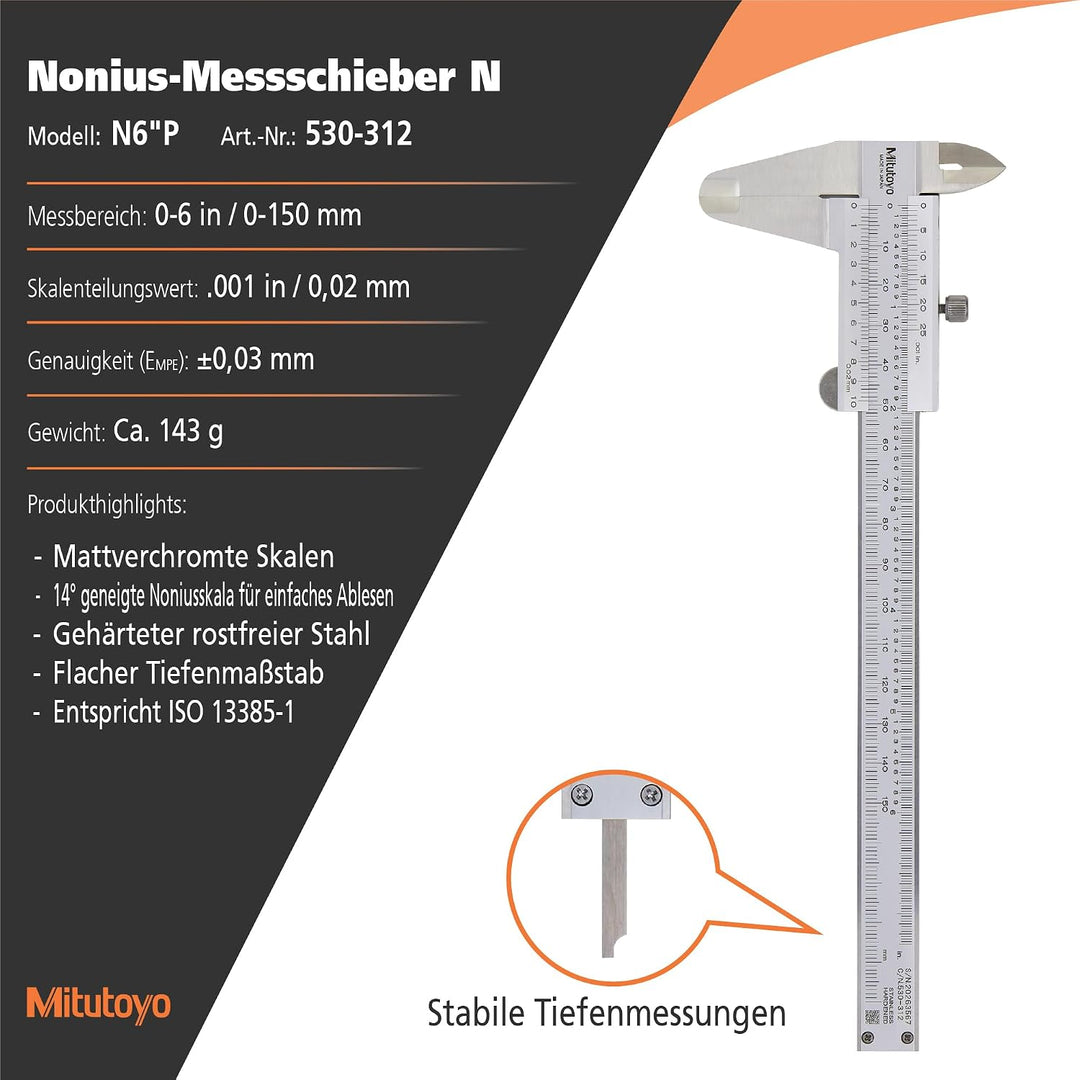 Mitutoyo MIT530-312 Schieblehre, hohe Genauigkeit, Messbereich 0-150 mm Standard, Standard