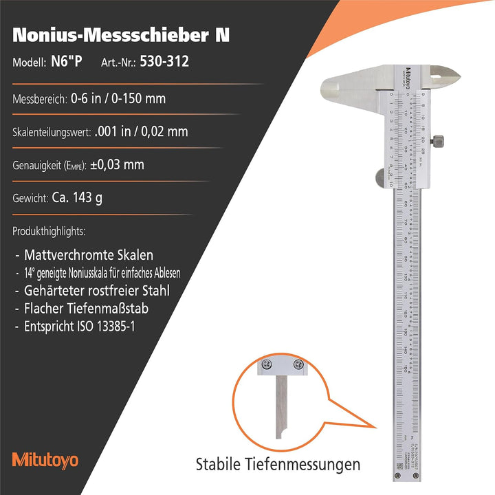 Mitutoyo MIT530-312 Schieblehre, hohe Genauigkeit, Messbereich 0-150 mm Standard, Standard