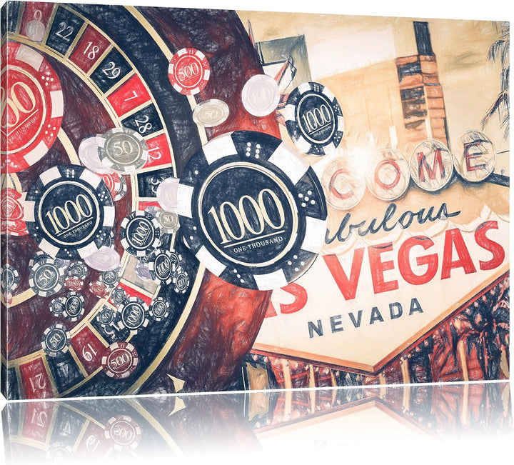 Pixxprint Las Vegas Casino Roulette / 100x70cm Leinwandbild bespannt auf Holzrahmen/Wandbild Kunstdr